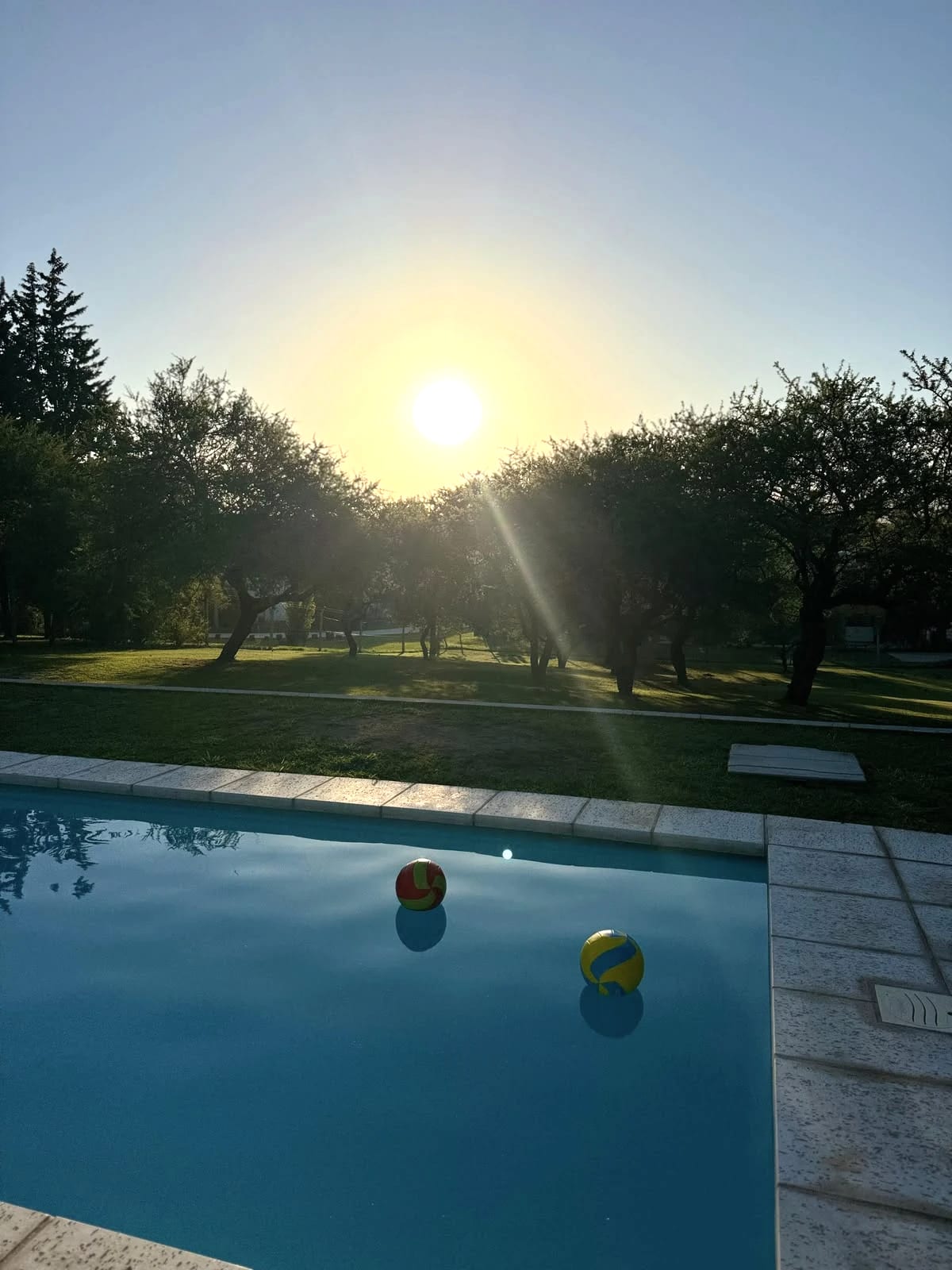 Pileta con pelotas flotando y el parque arbolado al atardecer, con el sol entre los árboles